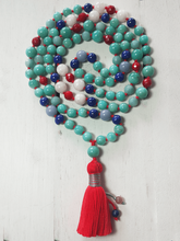 Load image into Gallery viewer, Peaceful Warrior Mala Necklace - Lapis Lazuli, Amazonite, Coral, Angelite &amp; Moonstone